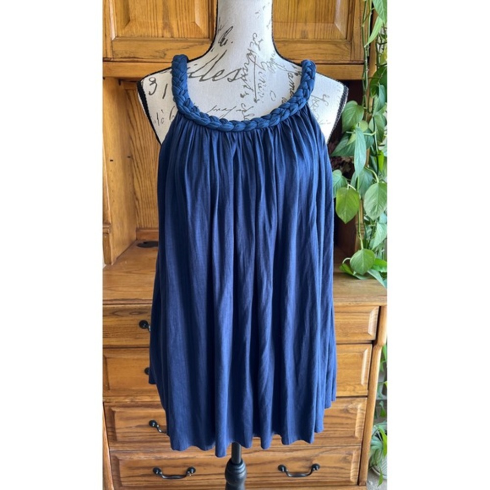 Vitta Luna Navy Blue Braided‎ Neckline Flowy Rayon Tank Top Womens Small